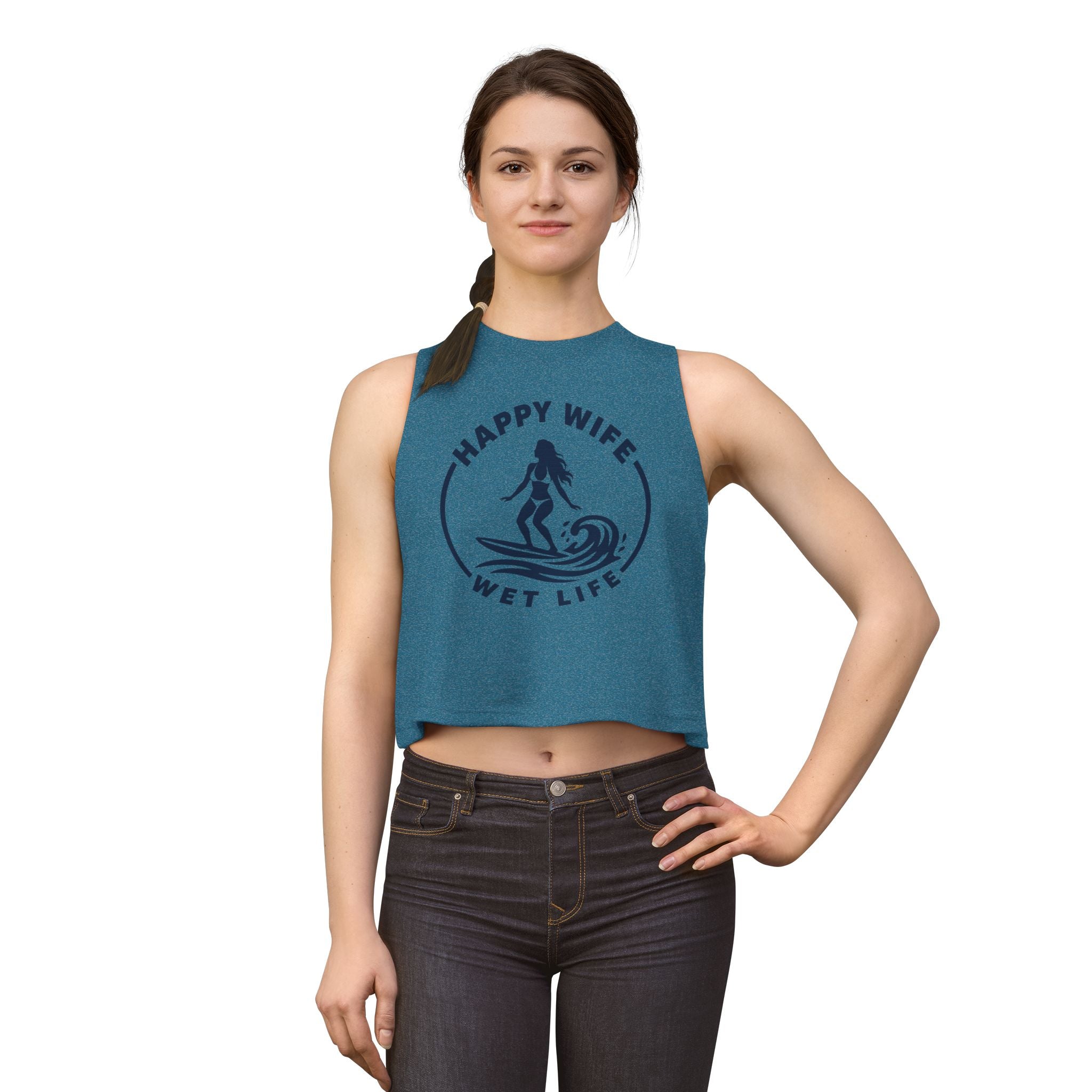 Happy Wife Wet Life Woman Surfing Crop Top — Surfing Summer Tank for Surfing Wives