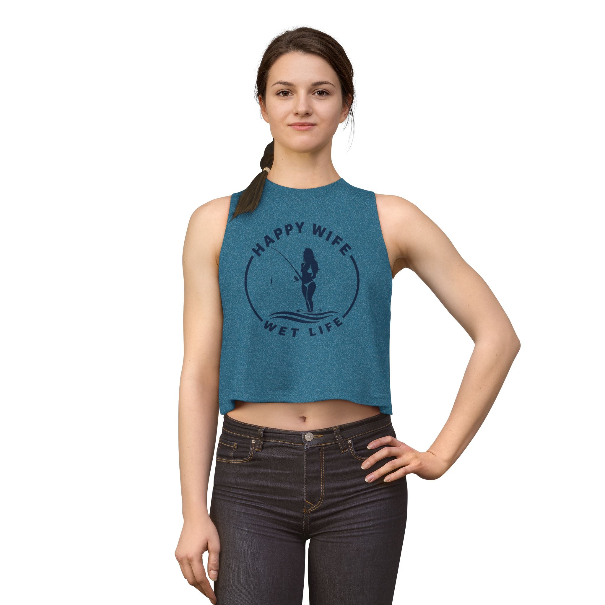 Happy Wife Wet Life Woman Fishing Crop Top — Fishing Summer Tank for Surfing Wives