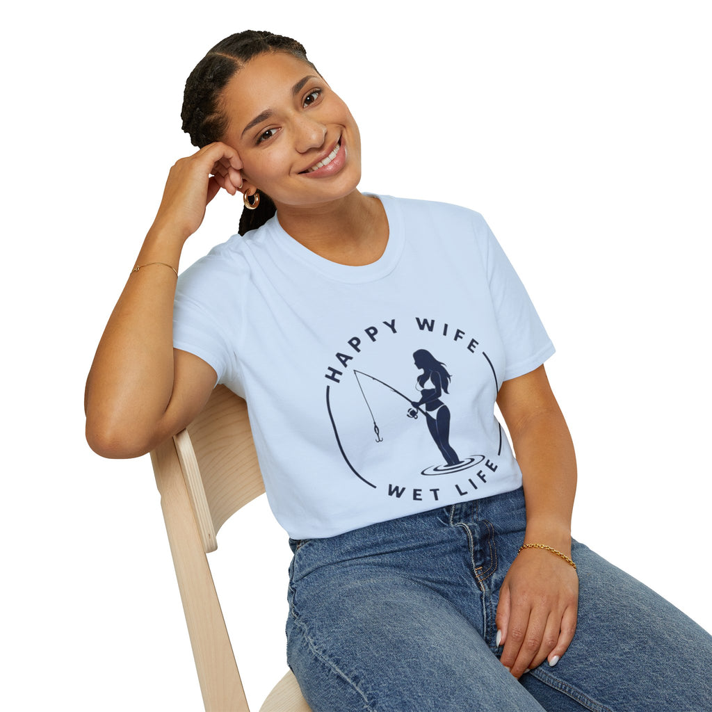 Unisex Fishing Wife T-Shirt — "Happy Wife, Wet Life" Graphic Tee for Anglers