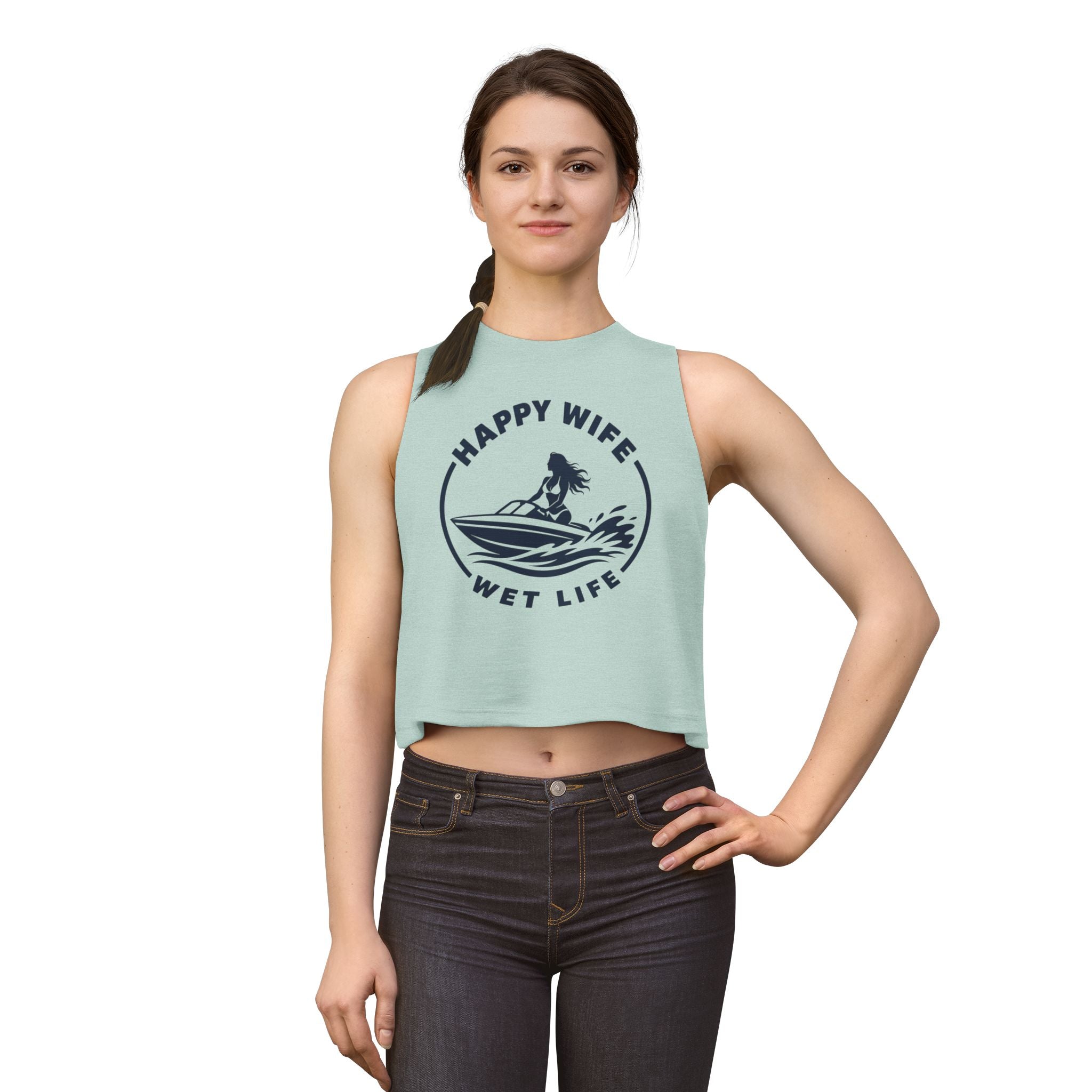 Happy Wife Wet Life Woman Boating Crop Top — Boating Summer Tank for Surfing Wives