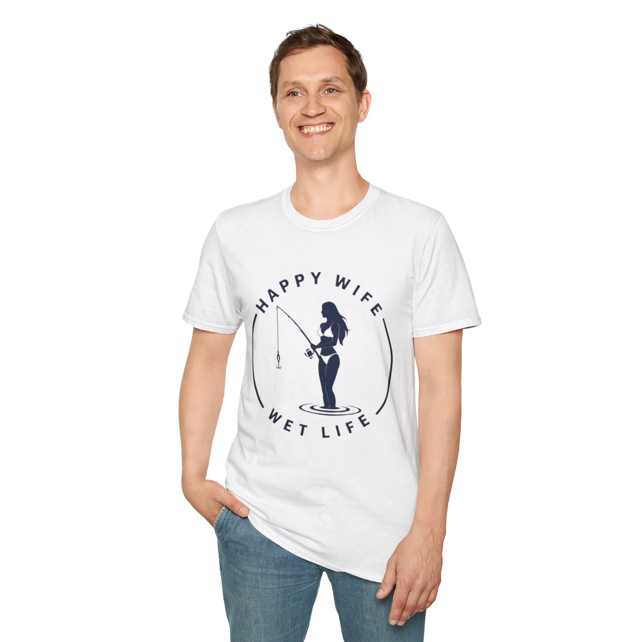 Unisex Fishing Wife T-Shirt — "Happy Wife, Wet Life" Graphic Tee for Anglers