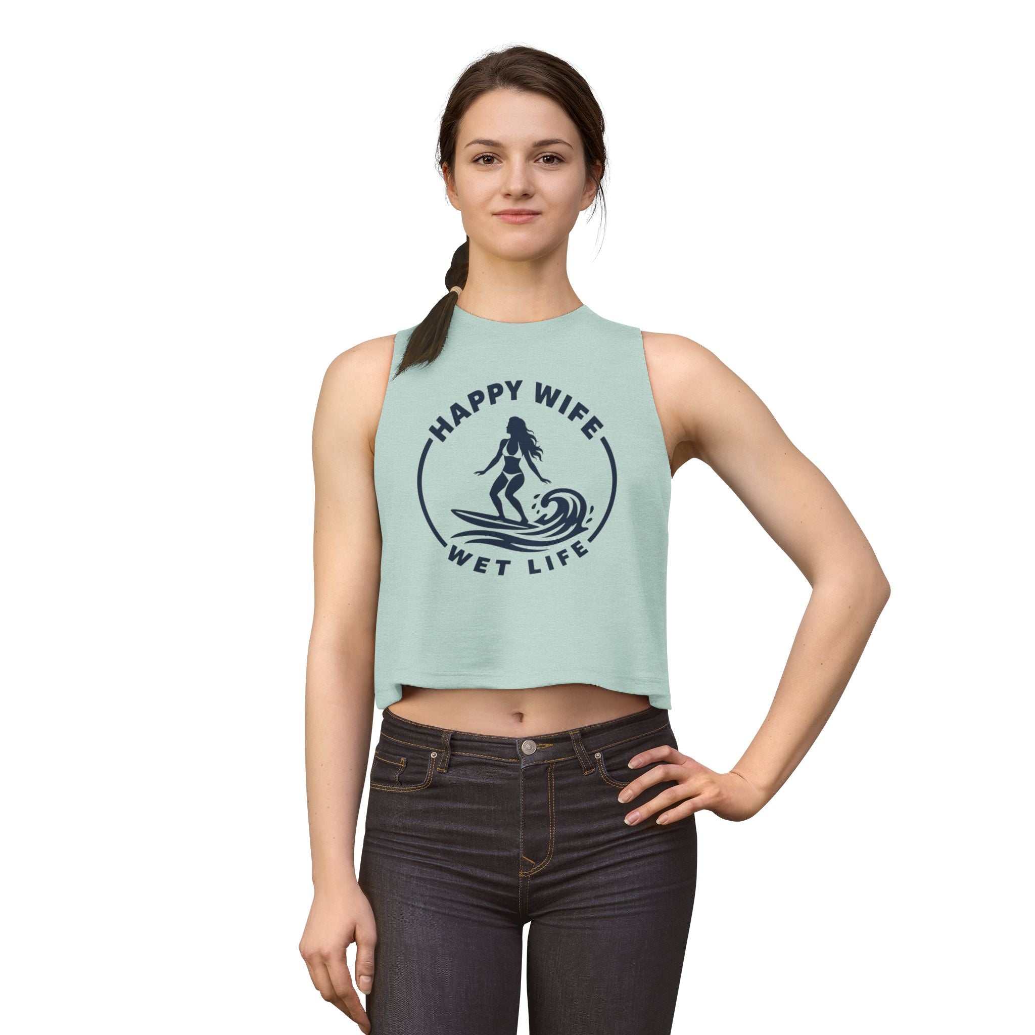 Happy Wife Wet Life Woman Surfing Crop Top — Surfing Summer Tank for Surfing Wives
