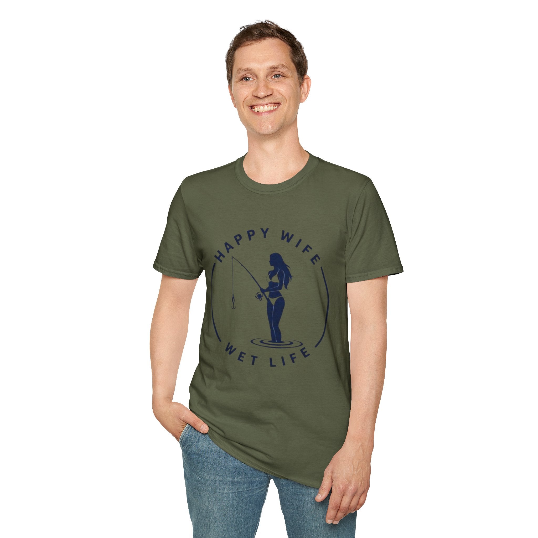 Unisex Fishing Wife T-Shirt — "Happy Wife, Wet Life" Graphic Tee for Anglers