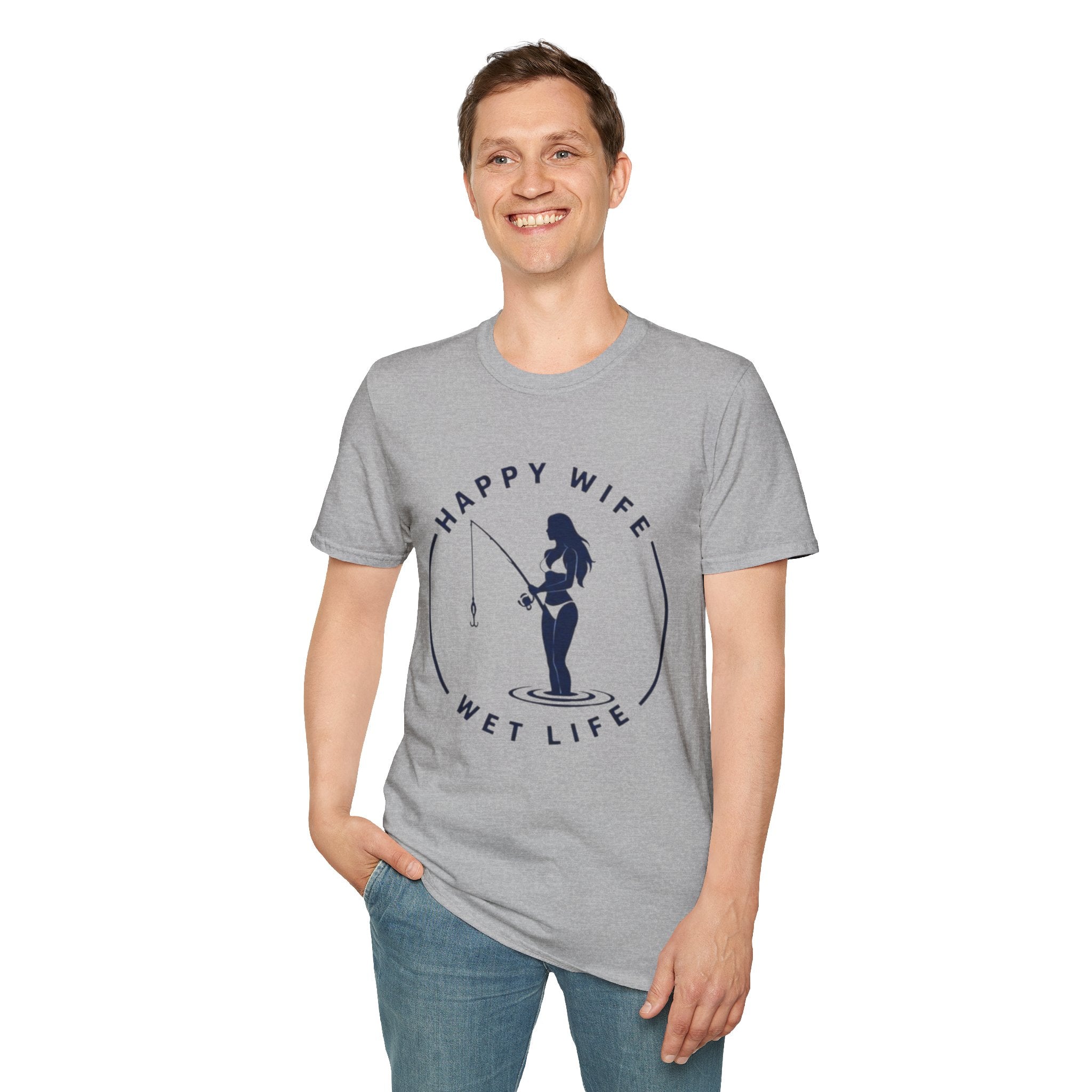 Unisex Fishing Wife T-Shirt — "Happy Wife, Wet Life" Graphic Tee for Anglers