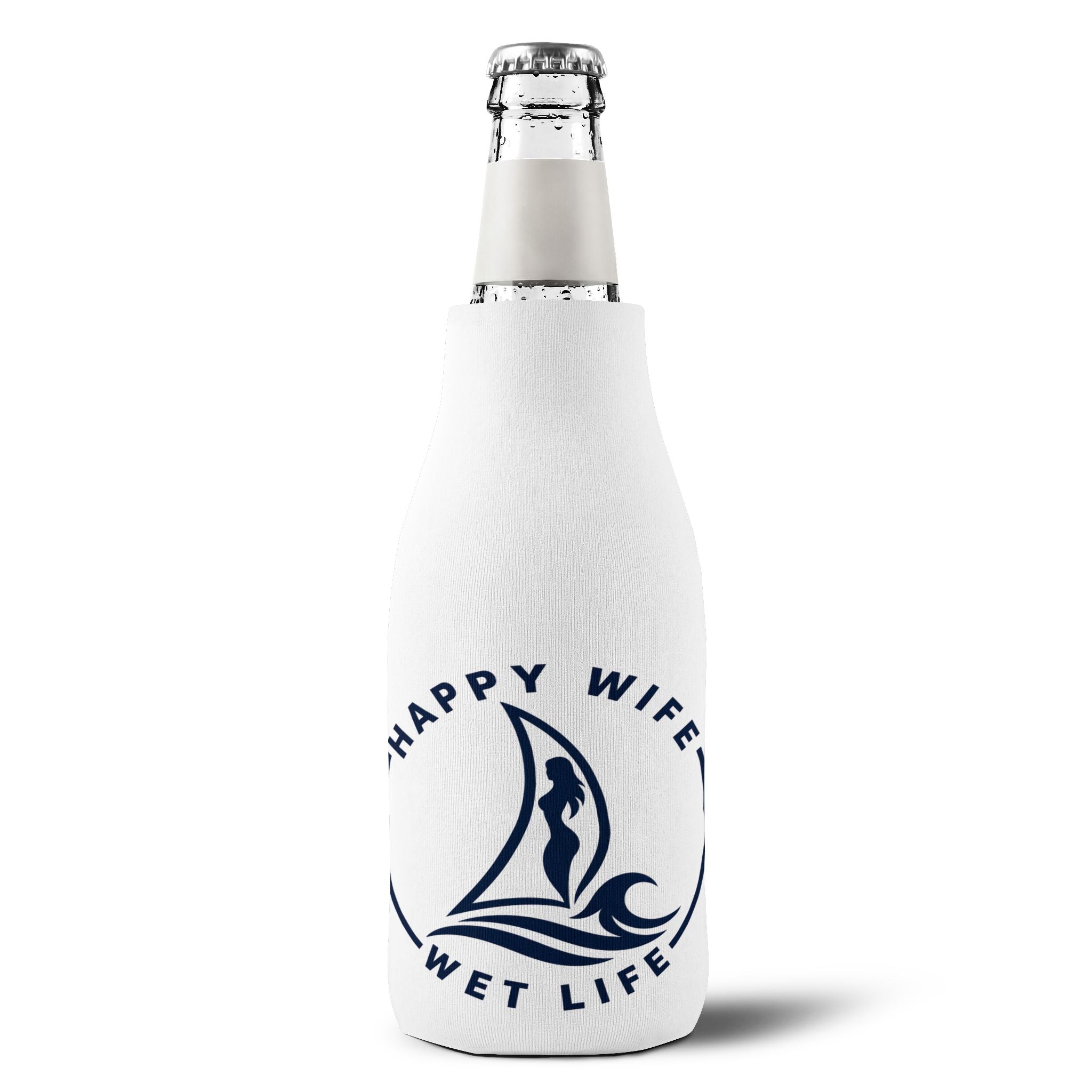 Zip-Up Bottle Cooler Sleeve — "Happy Wife, Wet Life" Beach Can Cooler