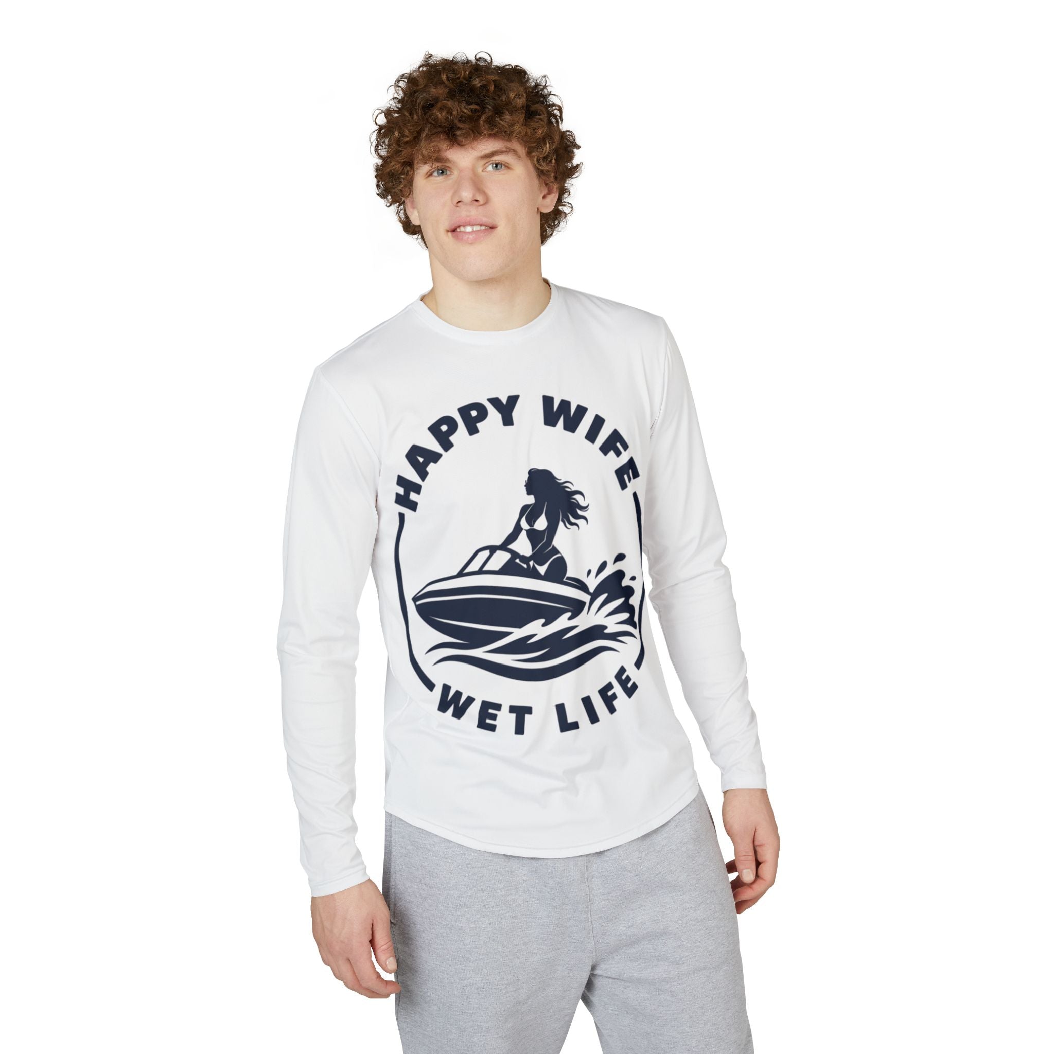 Men's UV Protection Long Sleeve Boating Shirt — "Happy Wife Wet Life" Coastal Sun Boating Shirt