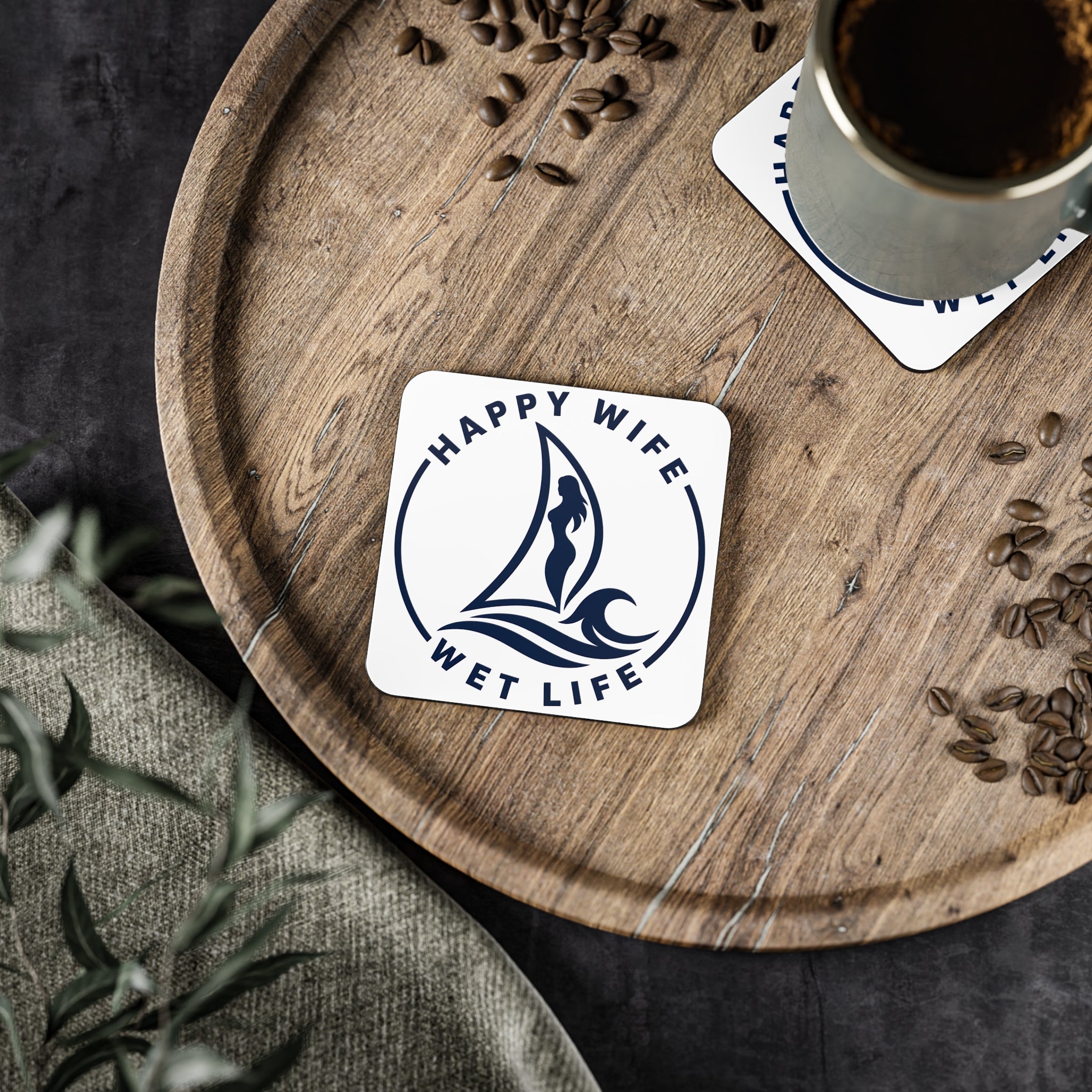 Happy Wife Wet Life Coasters — Nautical Sailboat Cork Drink Coasters
