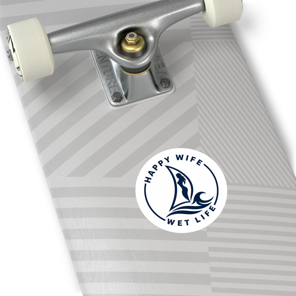 Round Sticker — "Happy Wife, Wet Life" Sailboat Mermaid Decal