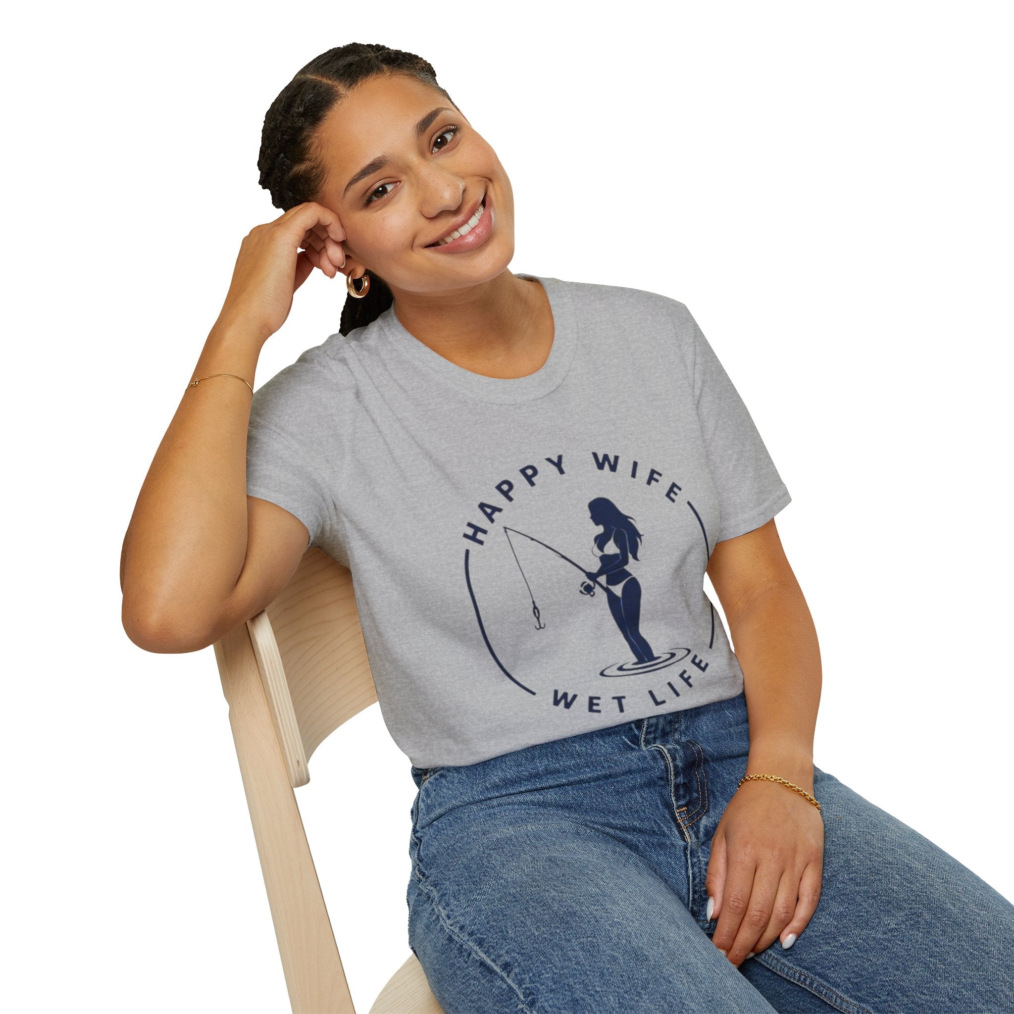 Unisex Fishing Wife T-Shirt — "Happy Wife, Wet Life" Graphic Tee for Anglers