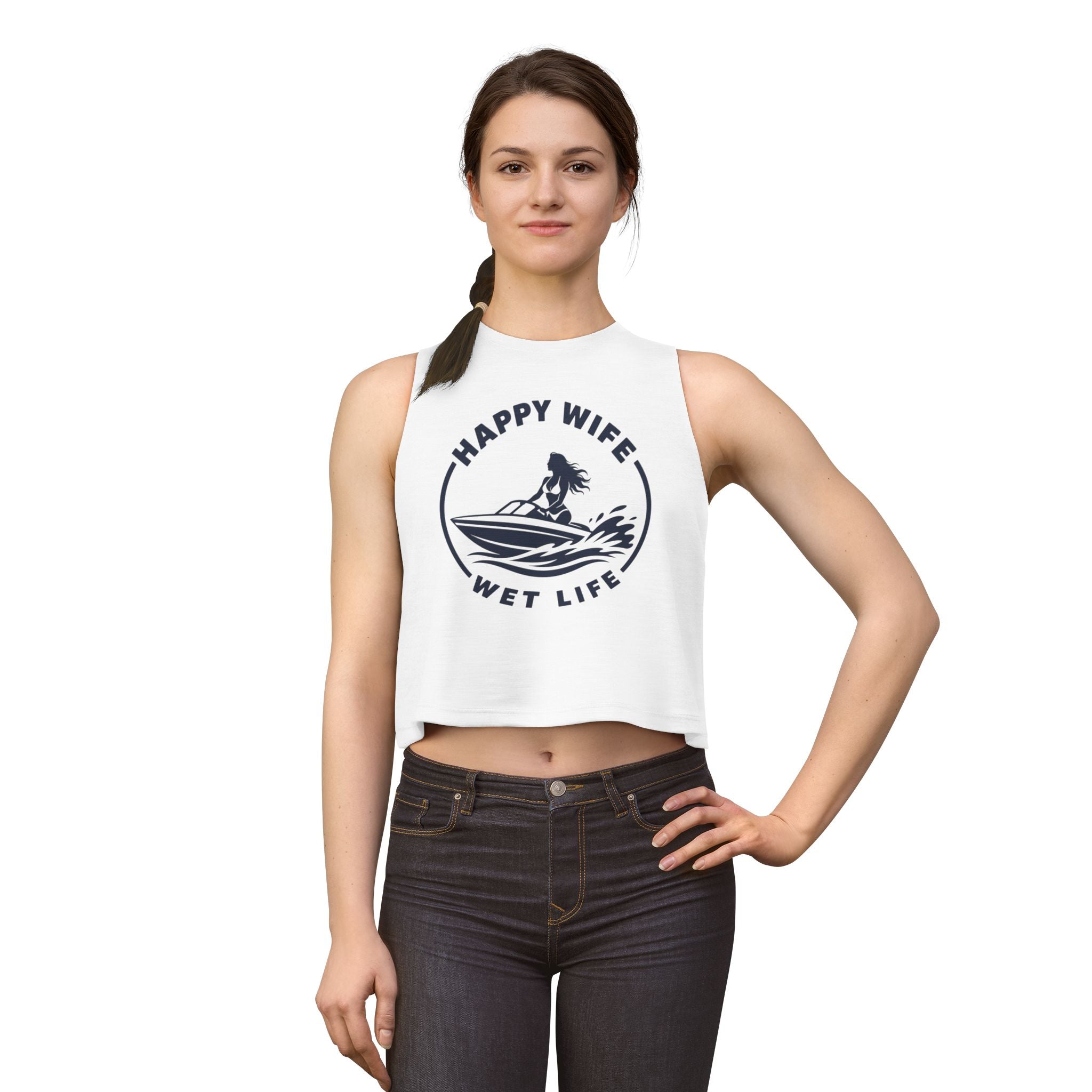 Happy Wife Wet Life Woman Boating Crop Top — Boating Summer Tank for Surfing Wives