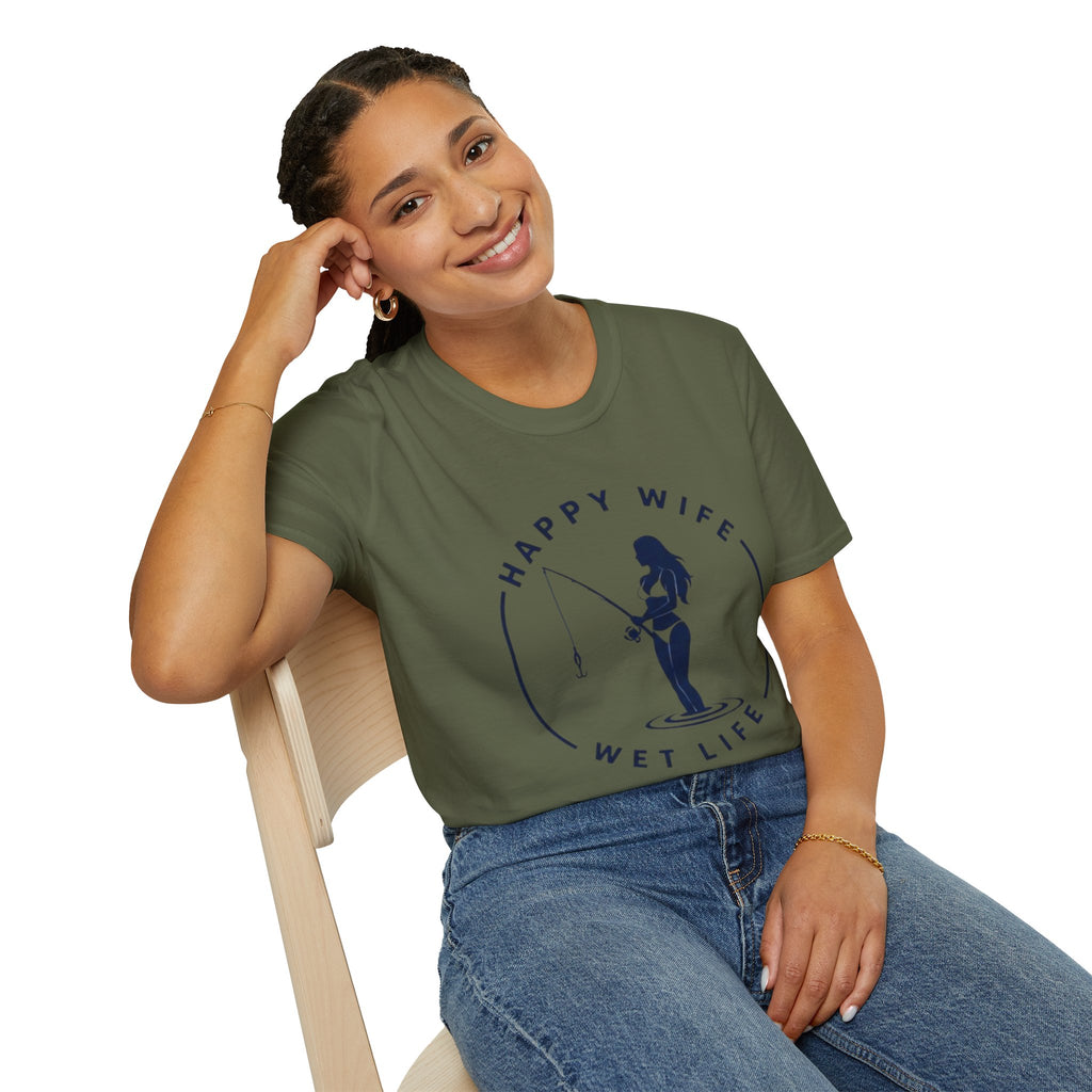Unisex Fishing Wife T-Shirt — "Happy Wife, Wet Life" Graphic Tee for Anglers