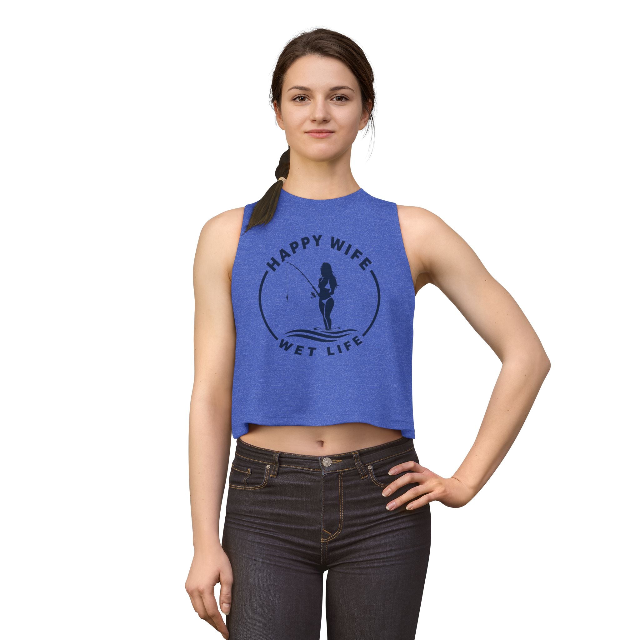 Happy Wife Wet Life Woman Fishing Crop Top — Fishing Summer Tank for Surfing Wives