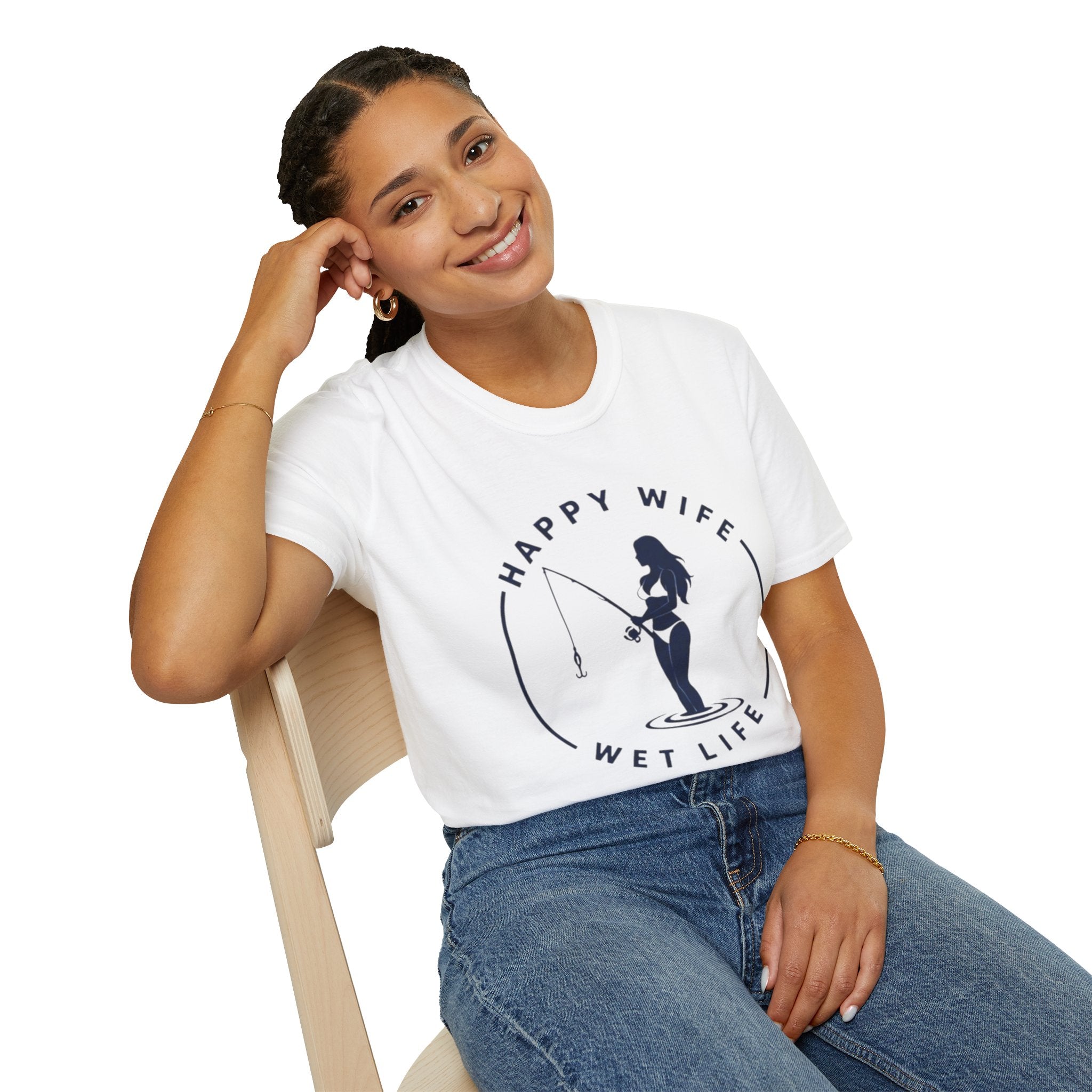 Unisex Fishing Wife T-Shirt — "Happy Wife, Wet Life" Graphic Tee for Anglers
