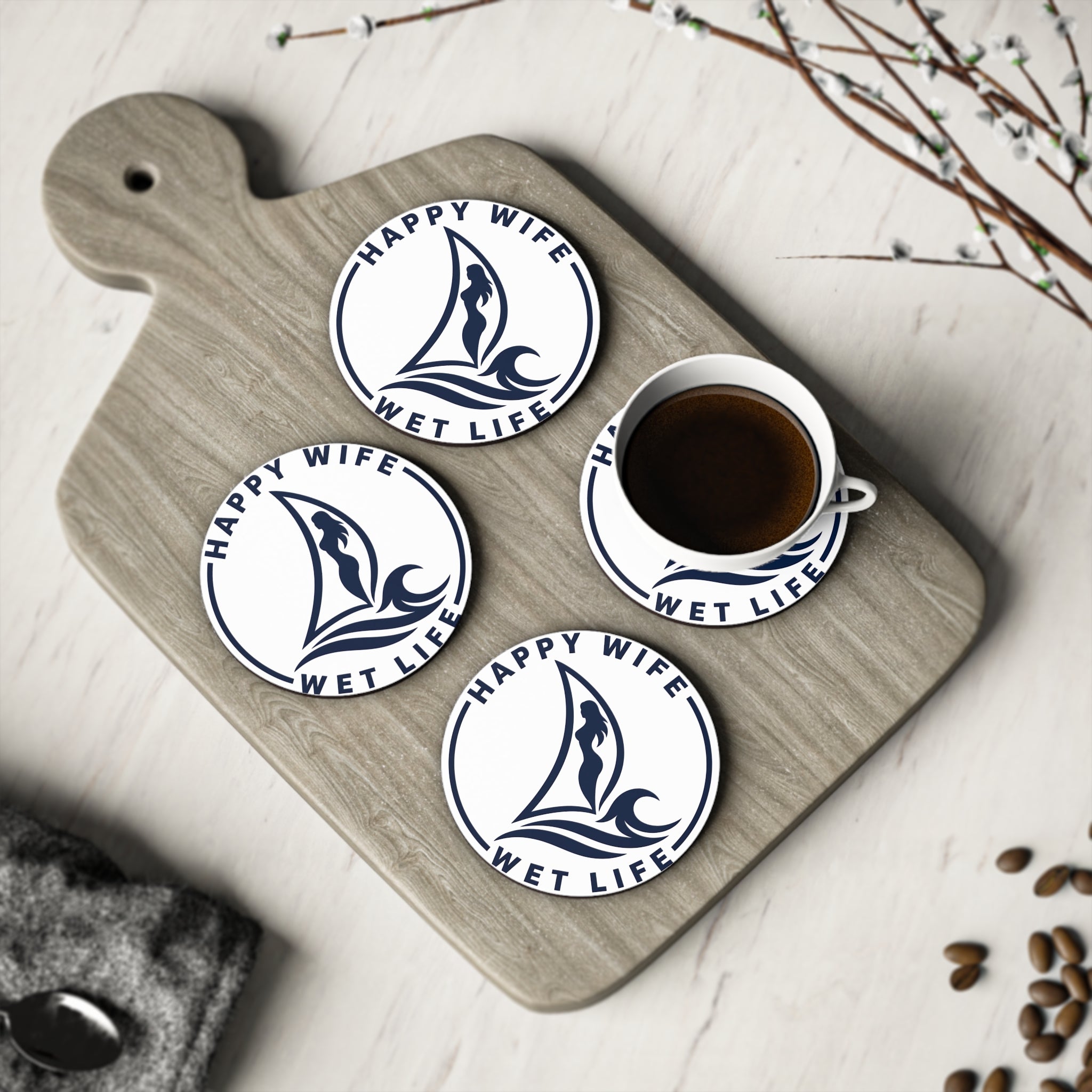 Happy Wife Wet Life Coasters — Nautical Sailboat Cork Drink Coasters