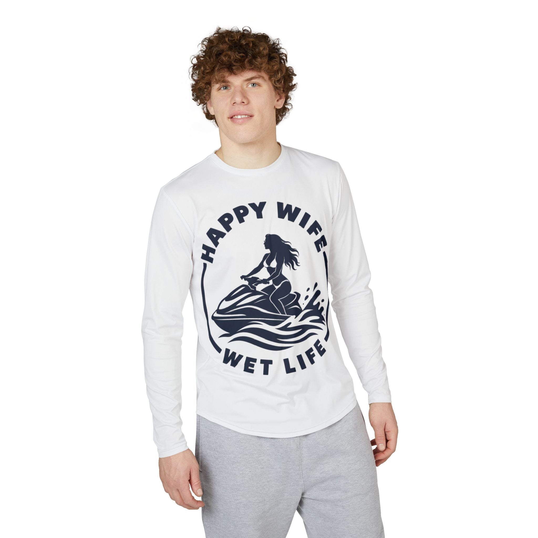 Men's UV Protection Long Sleeve Jet Ski Shirt — "Happy Wife Wet Life" Coastal Sun Jet Ski Shirt