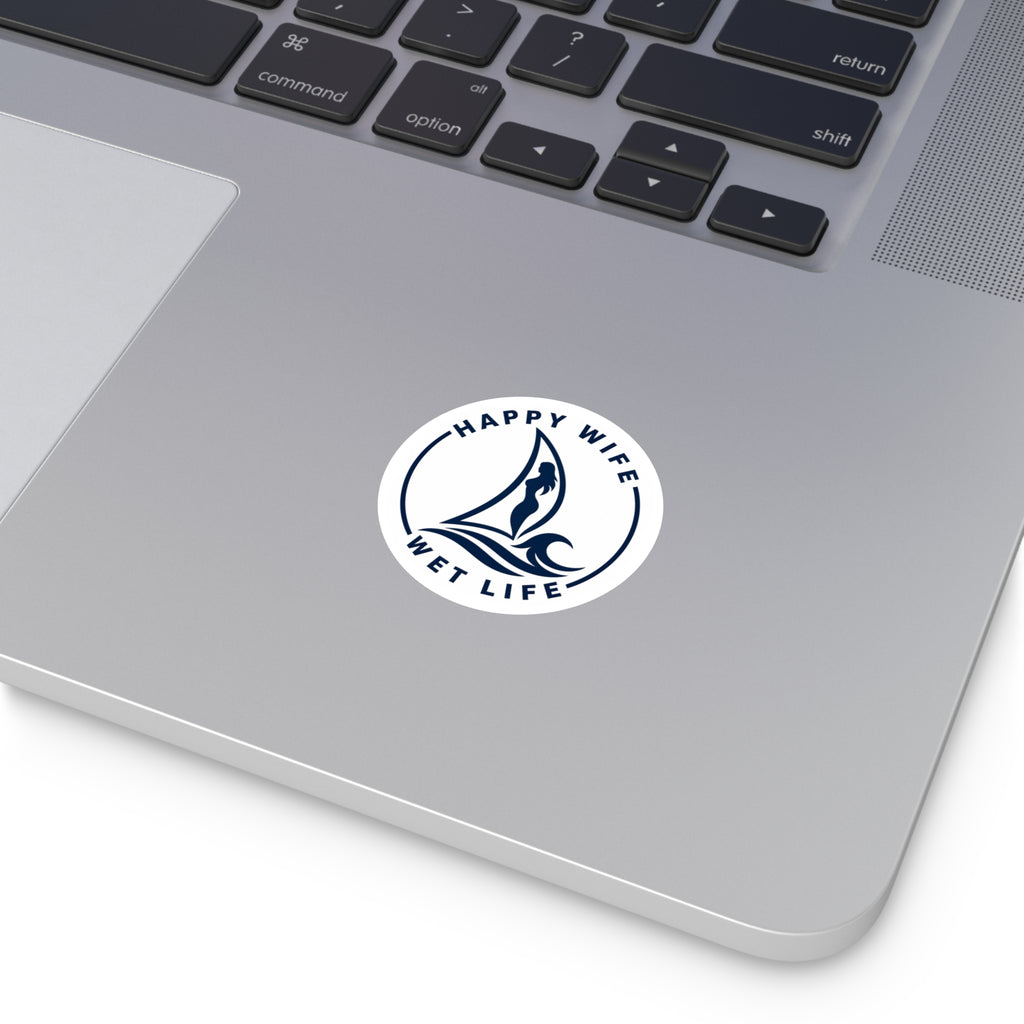 Round Sticker — "Happy Wife, Wet Life" Sailboat Mermaid Decal