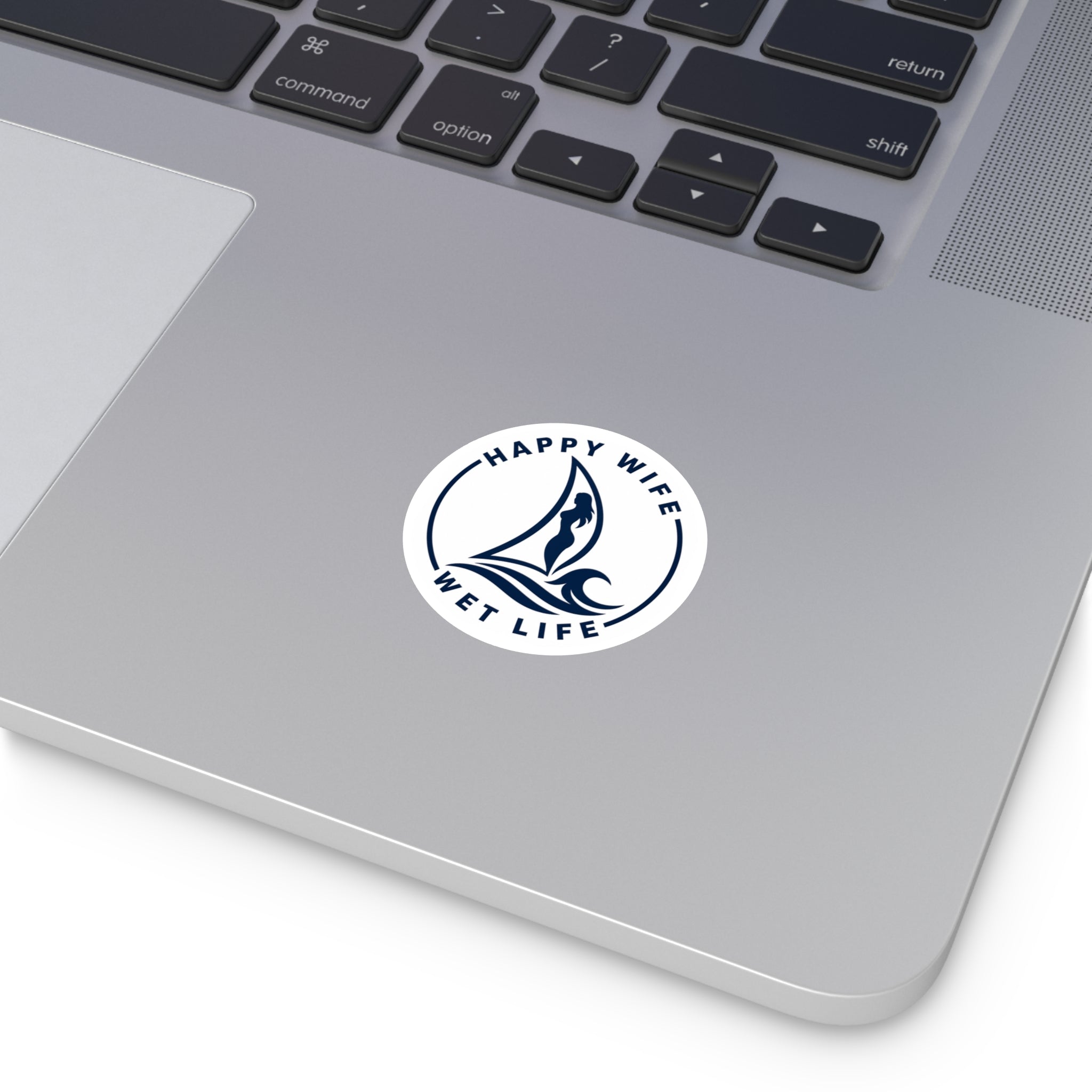 Round Sticker — "Happy Wife, Wet Life" Sailboat Mermaid Decal