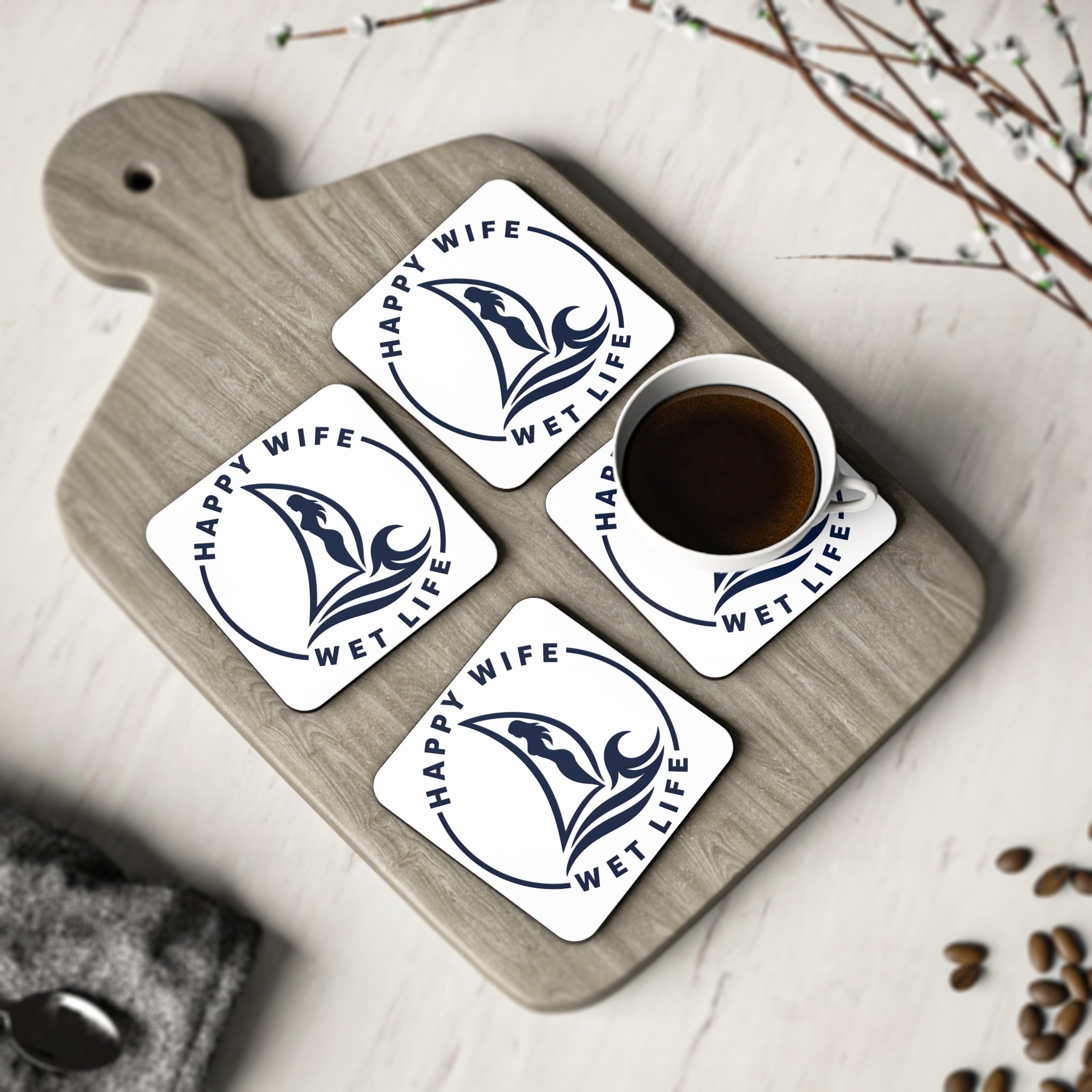 Happy Wife Wet Life Coasters — Nautical Sailboat Cork Drink Coasters