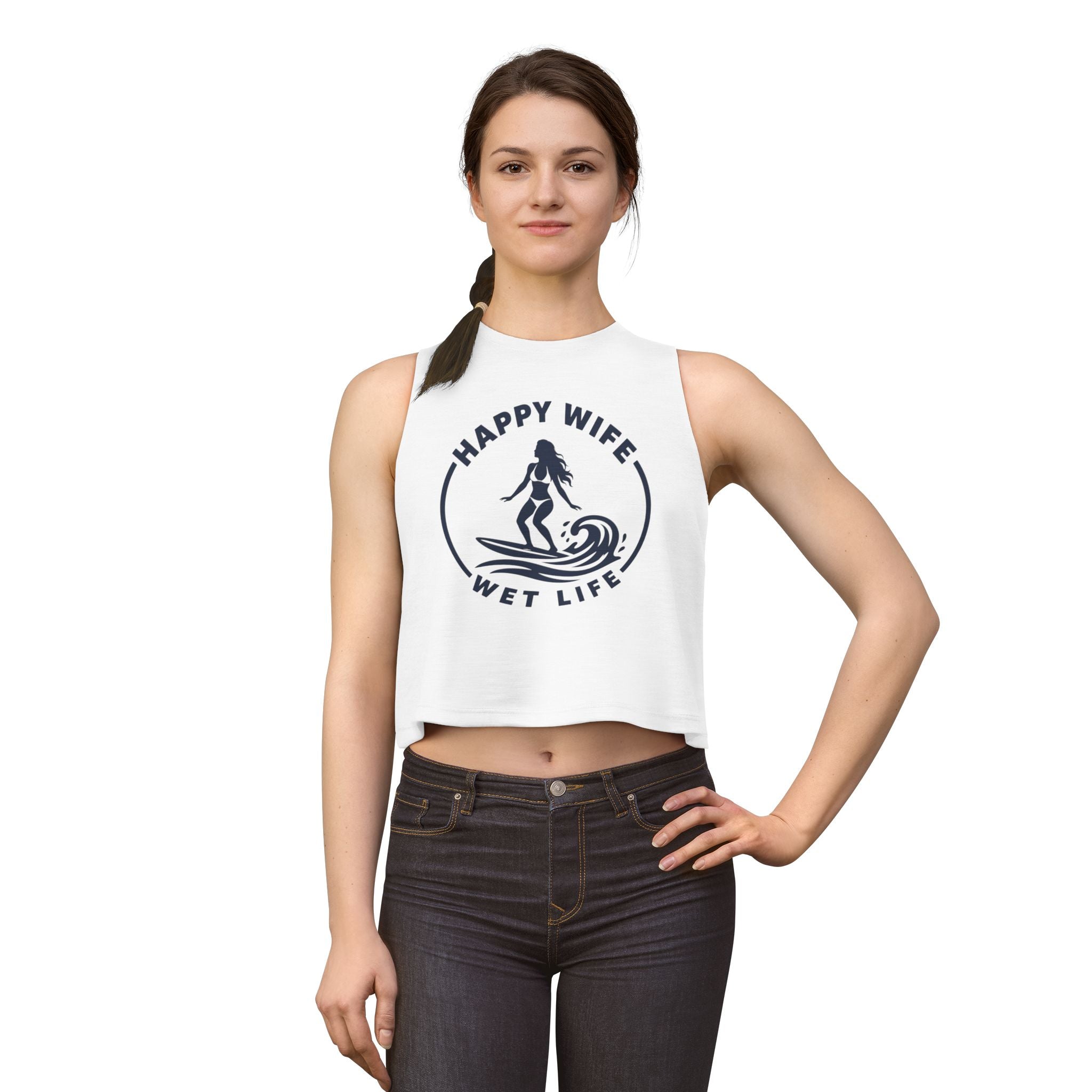 Happy Wife Wet Life Woman Surfing Crop Top — Surfing Summer Tank for Surfing Wives